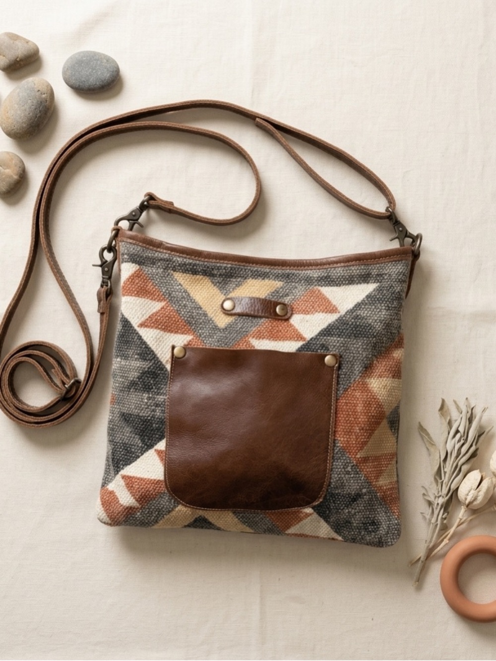 Myra Bag Upcycled Canvas & Leather Southwestern Boho Crossbody Bag